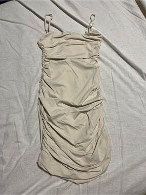 RD Style Cream Ruched Spaghetti Strap Mini Dress